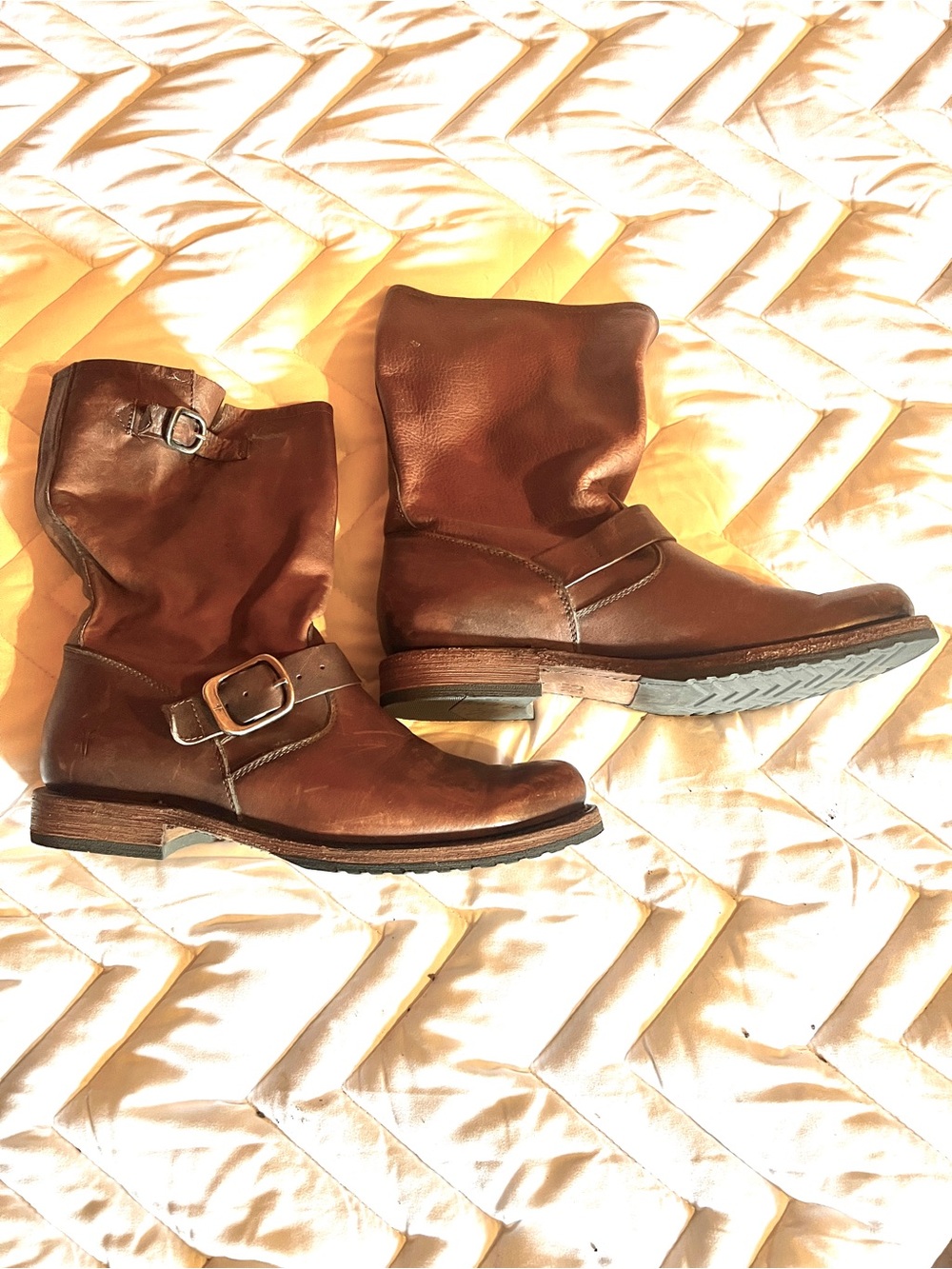 Frye Brown Leather Mid-Calf Moto Boots with Buckle